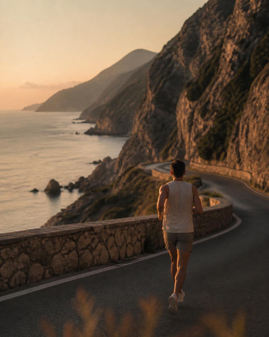 Runner on a winding coastal road at golden hour